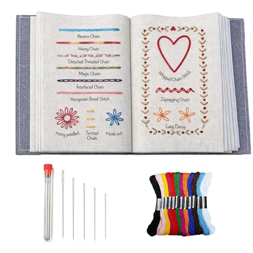 Sticken Set Erwachsene für Anfänger Stickbuch zum Selbermachen Embroidery Stitche Book Tragbares DIY Stickmusterbuch mit Werkzeugen und Anleitungen Stickerei Set für Anfänger und Bastelfreunde