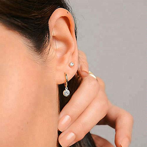 Cz Bezel Dangle Hoop Earrings For Women Girls 925 Sterling Silver Charms Minimalist Tiny Round Cubic Zirconia Drop Dangling Cartilage Helix Tragus Diamond Solicate Hypoallergenic Jewelry (Gold Plated) #TOP2