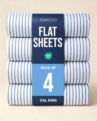 Cal King Size Flat Sheet - Pack of 4 Top Flat Bed Sheet Only - Blue Stripes