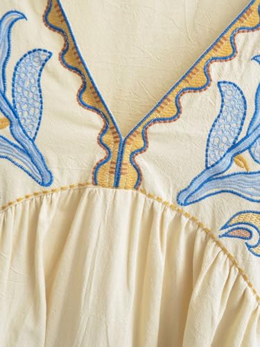 Image of Joiemont Womens Oversized Embroidered Dress with V-Neck and 3 /4 Sleeves Vintage Embroidery Babydoll Dress