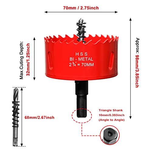 70mm Hole Saws Cutter, HSS Bi-Metal Drill Bit for Wood Plastic, UPVC, Fiberglass and Plasterboard, Red - Image 3