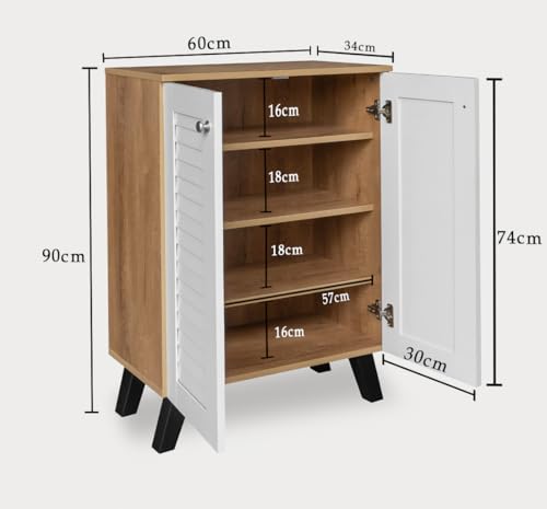 Image of LERIMO 2-Door Engineered Wood Shoe Rack, 4-Tier Wooden Shoe Rack for Entryway, Shoe Storage Cabinet with Doors Adjustable Shelves, Wooden Shoes Rack Organizer (Wotan Oak-White, 2 Door)