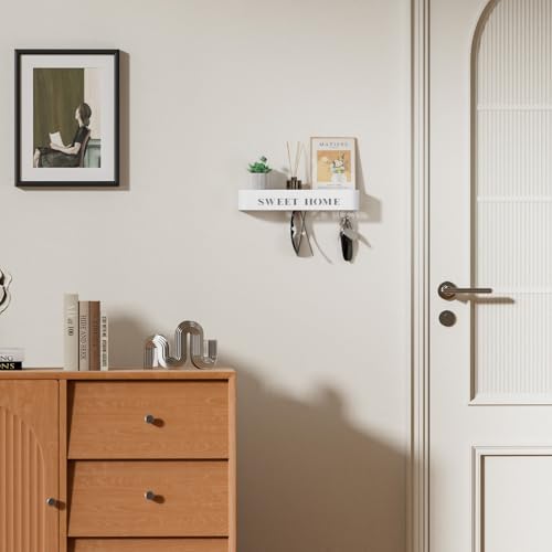 LOFTPLUS Schlüsselbrett mit Ablage Schlüsselboard Wand - Moderner Minimalistisches Schlüsselhalter, Metall Schlüsselablage mit 5 Verdeckten Wandhaken für Eingang, Flur, Küche, Wohnzimmer - Weiß