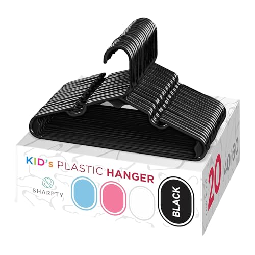 Image of Sharpty Kids Plastic Hangers, Children's Hangers for Baby, Toddler, and Child Clothes - Everyday Standard Use - Ideal for Boys and Girls Closet, Clothing, Pants, Coats, and More - Black, 20 Pack
