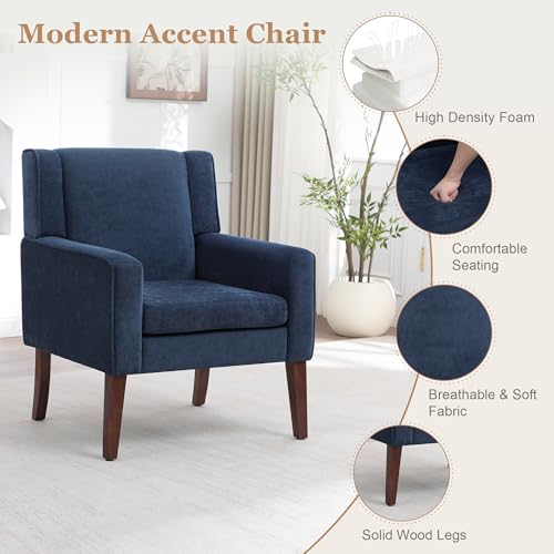 Image of Accent Chairs for Living Room, Mid-Century Reading Chair with Wood Legs, Upholstered Comfy Living Room Chair for Bedroom, Apartment, Waiting Room, Blue