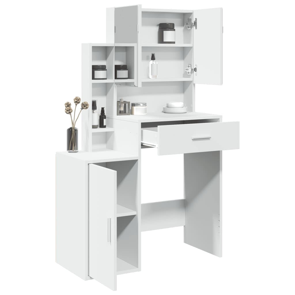Schminktisch mit Schrank Weiß 80x35x132 cm aus Holzwerkstoff mit Spiegel und Schublade, Stauraum und Ablage für Schlafzimmer, Jugendzimmer und Make-up Styling