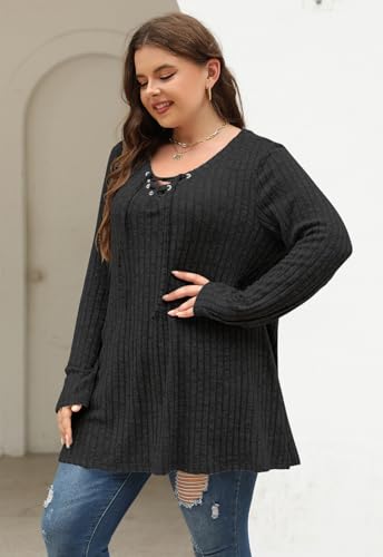 Image of Nemidor Women Plus Size Casual Tunic Top Drawstring V Neck Long Sleeve | 1X-5X plus, ribbed knit, long sweater, solid, semi-fitted flattering cut for curvy women, Fall, Winter, work, daily, dinner