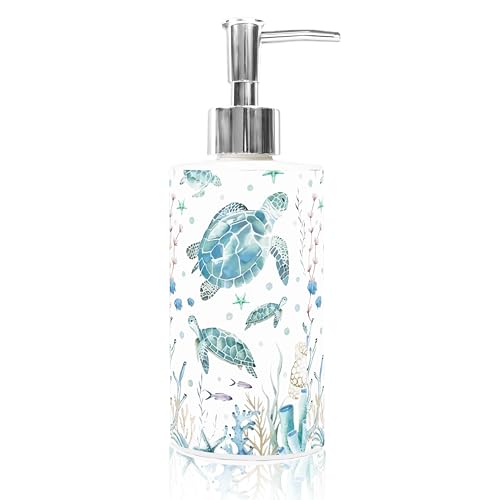 Mezeathos Coastal Turtle Soap Dispenser Glass Dispenser with Silver Pump Nautical Ocean Turtle Coral Starfish Refillable Liquid Soap Container for Summer Home Bathroom Kitchen Countertop Decor