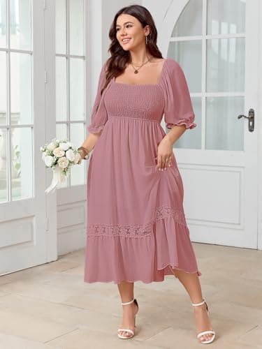 Image of SCOMCHIC Women's Plus Size Boho Maxi Dress Short Sleeve Square Neck Smocked Flowy A-Line Lace Trim Wedding Guest Dresses