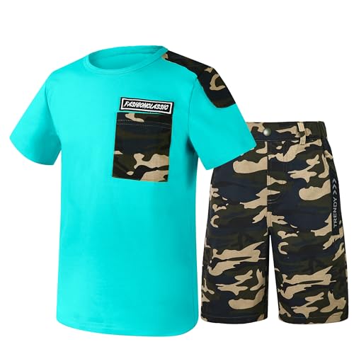 Image of LOLANTA Boy Summer Outfit Casual Clothes 2Pcs Cotton T-shirt Shorts Set | Kids Short Sleeve T-Shirt, Boy Camouflage Knee-length Shorts, Breathable Fashion Outfits, School Daily Matching Clothing Sets