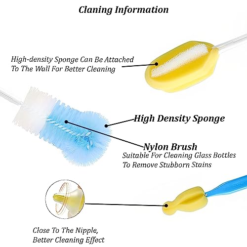Image of 5-in-1 Baby Bottle Cleaning Brush Set | Silicone Bottle Brush Kit with Nipple Cleaner, Straw Brush, Sponge Brush & Long Tube Cleaner | Feeding Bottle Cleaning Accessories | Yellow Blue