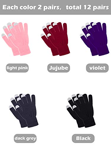 Image of Pangda 12 Pairs Winter Touch Screen Gloves for Men Women Stretch Knitted Texting Gloves Warm Windproof Solid Color Mittens