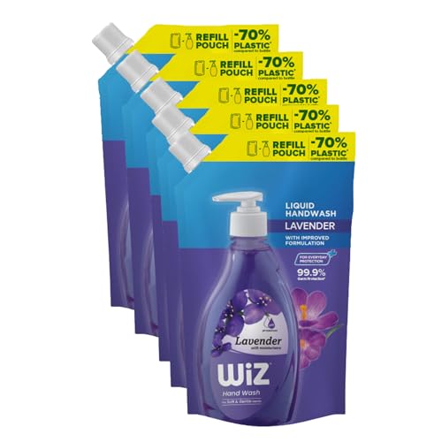 Image of Wiz Lavender Hand Wash Refill Pouch - 1L ((Pack of 5) | pH Balanced | 70% Less Plastic | Soothing Lavender Scent | Germ Protection | Gentle & Moisturizing Formula