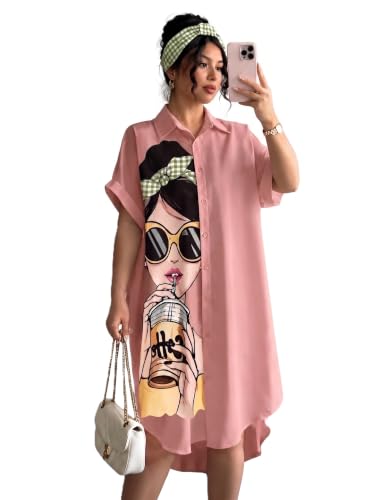 Image of Women's Graphic Print T-Shirt Dress | Stylish Oversized Longline T-Shirt for Women & Girls | Casual Printed Long Top | Trendy Beach & Resort Wear Western One Piece Dress (25 D-1 BLACK-2XL)