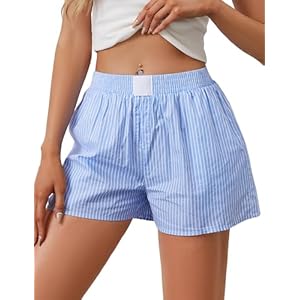 Womens Lounge Shorts Y2k Striped Print Elastic Waist Pajama Shorts Cute Boxers Bottoms With Pockets Comfy Sleepwear