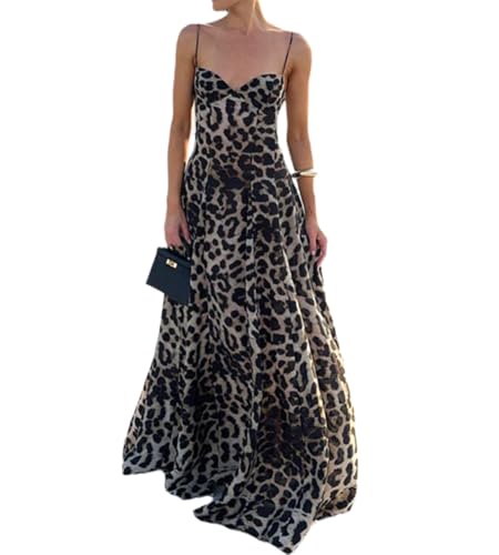 Image of Women Elegant Leopard Spaghetti Strap Maxi Dress Summer Backless Sexy Slip Long Dresses