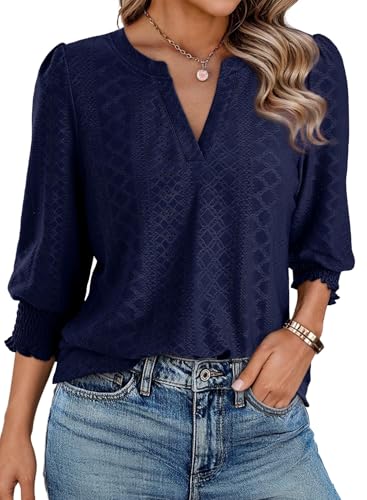 Dokotoo Boho Womens Tops Cute Women Blouses Dressy Casual Business 2026 Quiet Luxury Clothes Summer Spring Outfits 3/4 Length Women's Long Sleeve Shirts Fashion Clothing Hollow Out Work Navy Blue