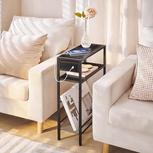 Image of HOOBRO Small Narrow Side Table with Charging Station, Skinny End Table for Small Spaces, Slim Nightstand with USB Ports Outlet, Sofa Beside Table with Storage Shelf, Charcoal Black BC102UBZ01