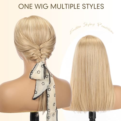 Image of KKU 100% Human Hair Wigs for Women,Real Human Hair Wigs,Side Swept Bangs Lace Front Wig(16 Inch,Golden Blonde)