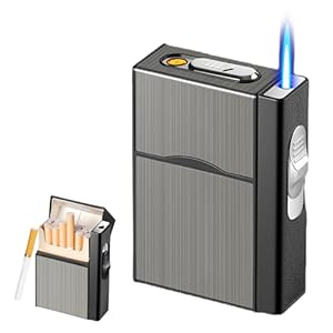 Vegena Sigarettenetui met aansteker, stormaansteker, winddicht, jetaansteker, gasaansteker, sigarettenetui met oplaadbare USB, stormaansteker, gas, navulbaar, kan 20 sigaretten bevatten