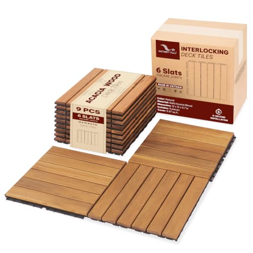 VICTORY RELAX Natural Acacia 12x12 Interlocking Wood Deck Tiles for Balcony, Garden, Patio, Poolside Decor - Waterproof Indoor & Outdoor Flooring - Square Joints (9, Natural, 6 slats)