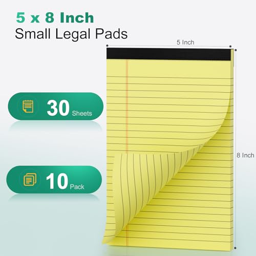 Image of 10 Pack Yellow Legal Pads 5x8 Small Note Pads, Writing Pads for Work, College Ruled Perforated Memo Pad, Desk Notepad with Study Backboard, 30 Sheets Per Pad, 5x8 Legal Pad for Office /School /Home