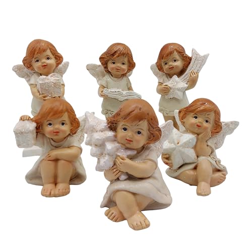 Logbuch-Verlag Angioletti decorativi, 6 pezzi: statuine natale sedute e in piedi, decorazioni natalizie casa, figure angelo con stella albero e regalo, addobbi natalizi interni eleganti, 5–8 cm
