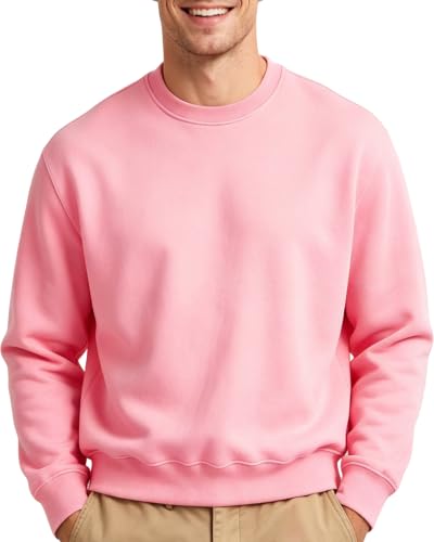 LUYIJIESHENG Mens Pink Crewneck Sweatshirt Long Sleeve Fleece Sweatshirts Breathable Lightweight Crew Neck Pullover Sweatshirts Size S