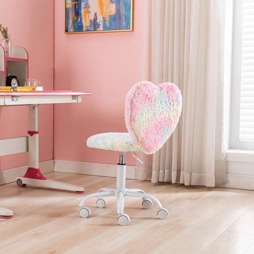 Image of Kmax Kids Reading Chair, Rolling Cute Desk Chair for Girls Swivel Office Chair with Wheels & Heart Back Adjustable Childrens Vanity Chair for Bedroom Reading Room - Faux Fur, Colorful