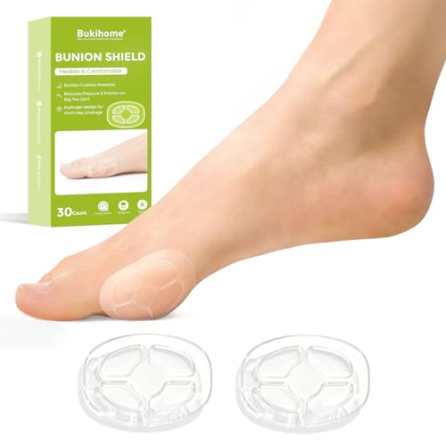 Bukihome Bunion Cushions for Pain Relief - 30ct Bunion Pads with Hydrogel Technology - Cushioning Protection Against Shoe Pressure and Friction - Self-Adhesive, Waterproof, Fits for Men & Women