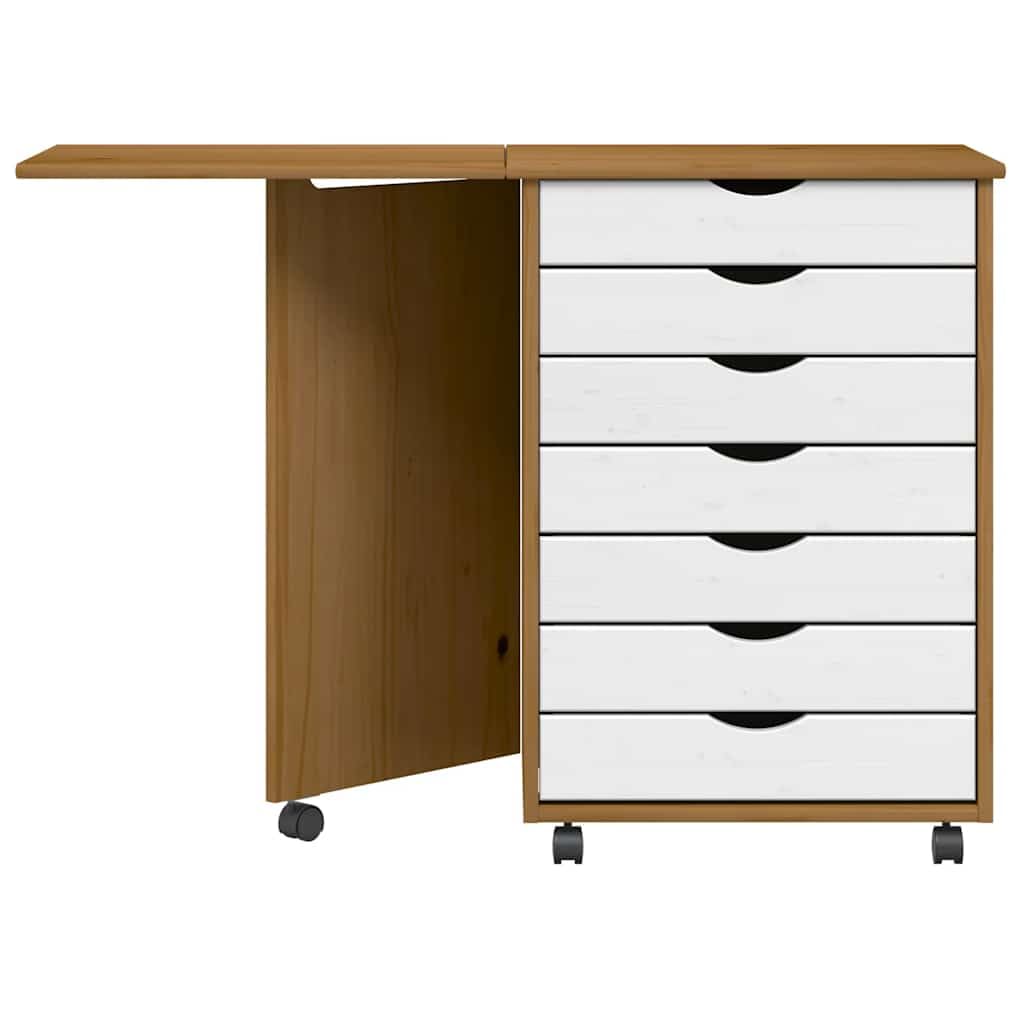 Moss - Armadio a rotelle con scrivania in legno di pino massiccio, segretario con 7 cassetti, tavolo pieghevole per ufficio e soggiorno, colore: marrone miele e bianco, 105,5 x 39 x 74,5 cm