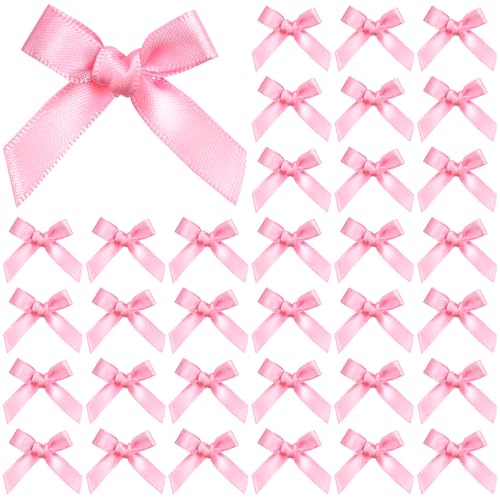 100PCS Tinkrstuff Pink Mini Bows for Crafts 1.5*2 Fabric Small Bows for Decoration Satin Ribbon Tiny Bow for Clothes Ornament Cute Christmas Tree Bows &Thanksgiving Gifts Party Cake Balloon Treats