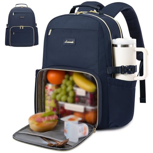 Image of LOVEVOOK Lunch Backpack with Lunch Compartment,15.6 Inch Laptop Work Travel Insulated Cooler Backpack Purse, Waterproof College Teacher Lunch Bag Box with Tumbler Holder,Gifts for Men Women,Dark blue