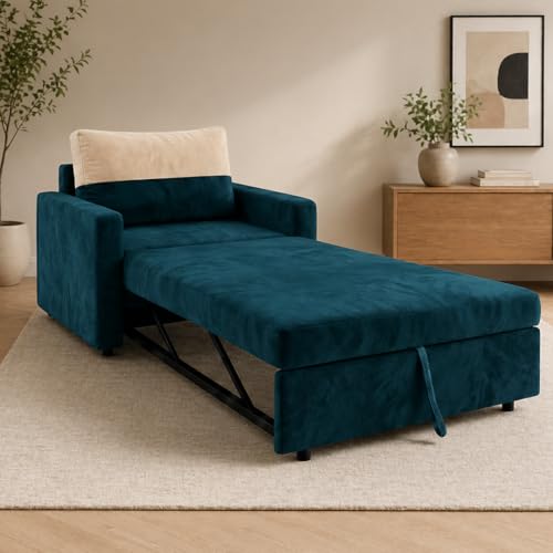 Image of SOCOZI Enrique 1 Seater Sofa Cum Bed | Soft Velvet Suede Fabric | Modern Convertible Design | Plush Comfort Seating for Living Room (Tealish Green)