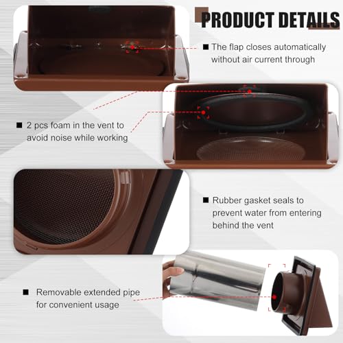 Image of Gisafai 6 inch Dryer Vent Cover Outside with Stainless Steel Guard Wall Dryer Exhaust Cap and Removable Extended Pipe Vent Shroud Hood Cushioned Non Return Flap with Sealing Gasket Grille(Brown)