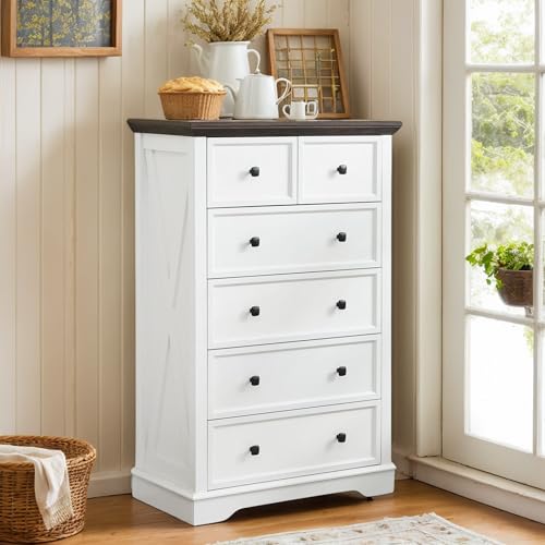 CKEASEAN 6 Drawer Dresser, 48 inch Tall Farmhouse Dresser Nightstand Chest of Drawer, Wooden Storage Cabinet Storage Chest of Drawers for Living Room, Hallway, Entryway (White, 47' H)