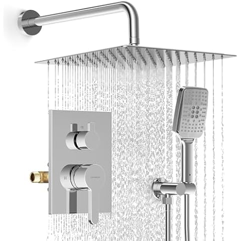 Lavatrum Shower Faucet Set - 12 inches Rain Shower System with 6 Function Handheld Shower Head Rough in Pressure Balance Valve Kit - Stainless Steel Bathroom Shower Kit Complete Polished Chrome Cover