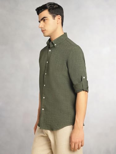 Image of Thomas Scott Men's | Solid | Textured Fabric | Full Sleeve | Slim Fit | Polyester-Blend | Spread Collar | Casual Shirt