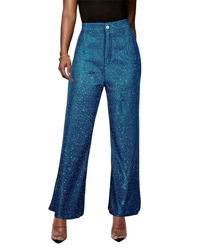 Raboolion Women's Sequin Wide Leg Pants High Waist Sparkly Button Fly Clubwear Vintage Long Trousers
