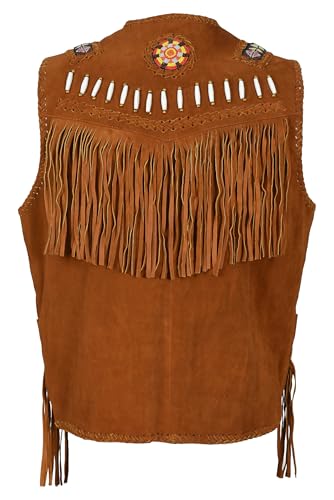 Image of Men's Western Cowhide Suede & Leather Vest - Beaded Fringe Yoke & Back Native-Inspired Cowboy Biker Vest