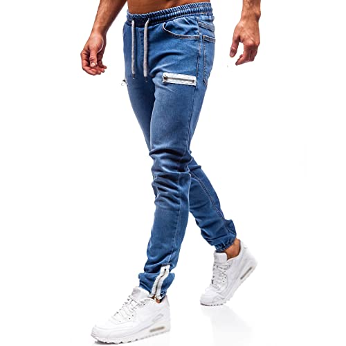XYGJZ Mens Casual Jeans Slim Fit Solid Color Drawstring Elastic Waist Stretch Tapered Denim Jean Pants with Zipper Hem