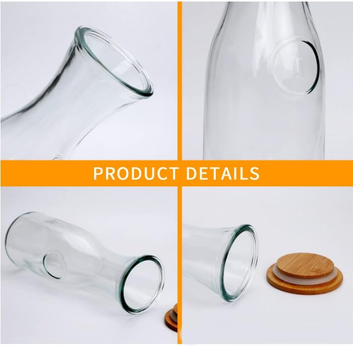 Glass Carafe 1 Liter With Lid For 1 Liter (2), Water, Juice Serving, Tall Narrow Neck Design, 33oz, Set of 2, Clear