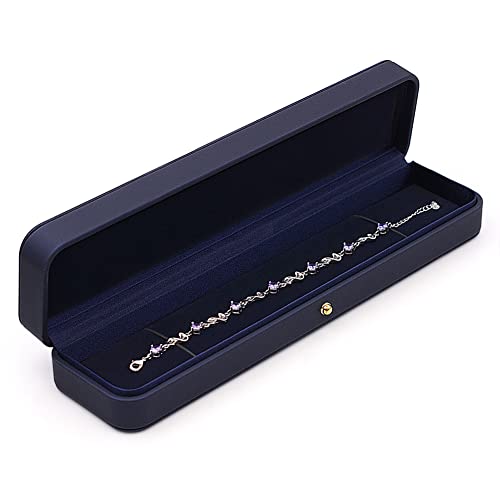MYEBIUAI Blue Leather Long Chain Bracelet Necklace Watch Storage Box Velvet Interior Gift Case, Premium Gorgeous Jewelry Display Box for Wedding,Engagement,Proposal,Birthday and Anniversary