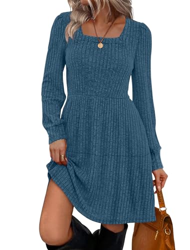 Image of Sampeel Womens Square Neck Long Sleeve Fall Dresses Casual Babydoll Sweater Dress