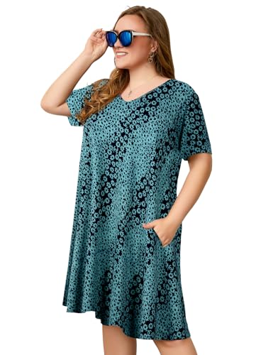 OVERWORETY Womens Short Sleeve Plus Size T-Shirt Dress V Neck Casual Loose Swing A-Line Summer Tunic Dresses with Pockets3