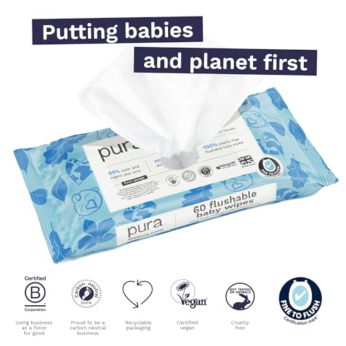 Miniatura 4 de Pura Toallitas Desechables Wc Para Bebés, 720 Toallitas 12 X 60 Toallitas , 100 Toallitas Húmedas Libres De Plástico, 99 Agua, Piel Sensible, Biodegradables, Algodón Orgánico