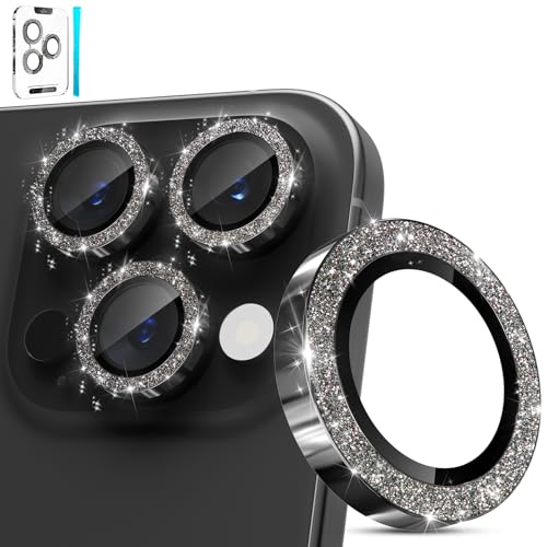 imluckies Glitter Protector de Lente de Cámara para iPhone 16 Pro - iPhone 16 Pro Max, AR+AF Cristal Templado, Metal Anillo Individual 9H Anti-Rayaduras, Accesorios de Cámara HD - Bling Negro