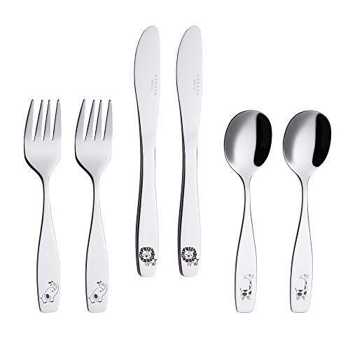 ANNOVA Kids Silverware 6 Pieces Children's Safe Flatware Set Stainless Steel - 2 x Safe Fork, 2 x Dinner Knife, 2 x Dinner Spoon, Toddler Utensils Safari, for Lunchbox (Elephant, Giraffe, Lion)