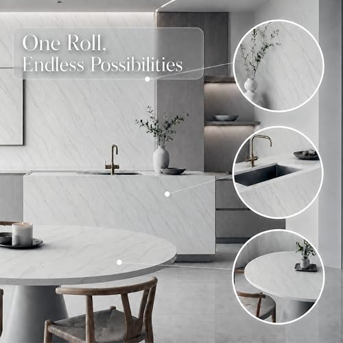 Image of Very Berry Sticker Marble Contact Paper (White Matte, 48 inch x 118 inch, 1 Pack) | Authentic marble pattern, Thick, Waterproof, Laminate vinyl, Self adhesive, Peel and stick wrap, For countertop and wall