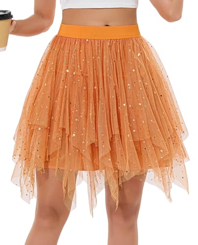 Lovasy Pailletten Rock Damen Kurz Tüllrock Schwarz High Low Layered Faltenrock Unregelmäßiger Puffy Fee Party Prom Rock Tutu Röcke Orange S-M